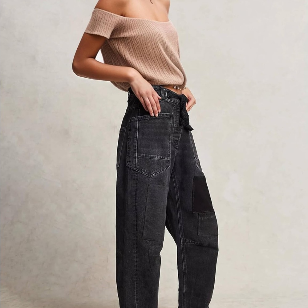 Tie Waist Black Barrel Jeans - Picture 2 of 4